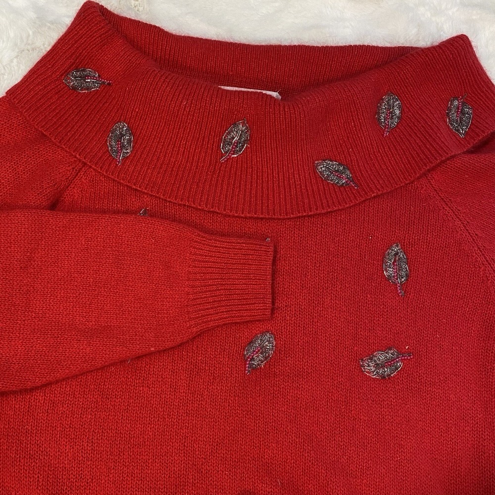 VTG Red Silk Angora Blend Hand‎ Beaded Leaf Portrait Collar Sweater Large